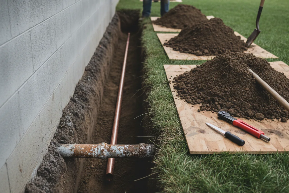 Excavated water line trench during Water Softener Installation in Jay